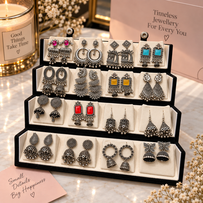 The Royal Jhumka Edit – 16 Pairs Oxidized Statement Earrings Collection